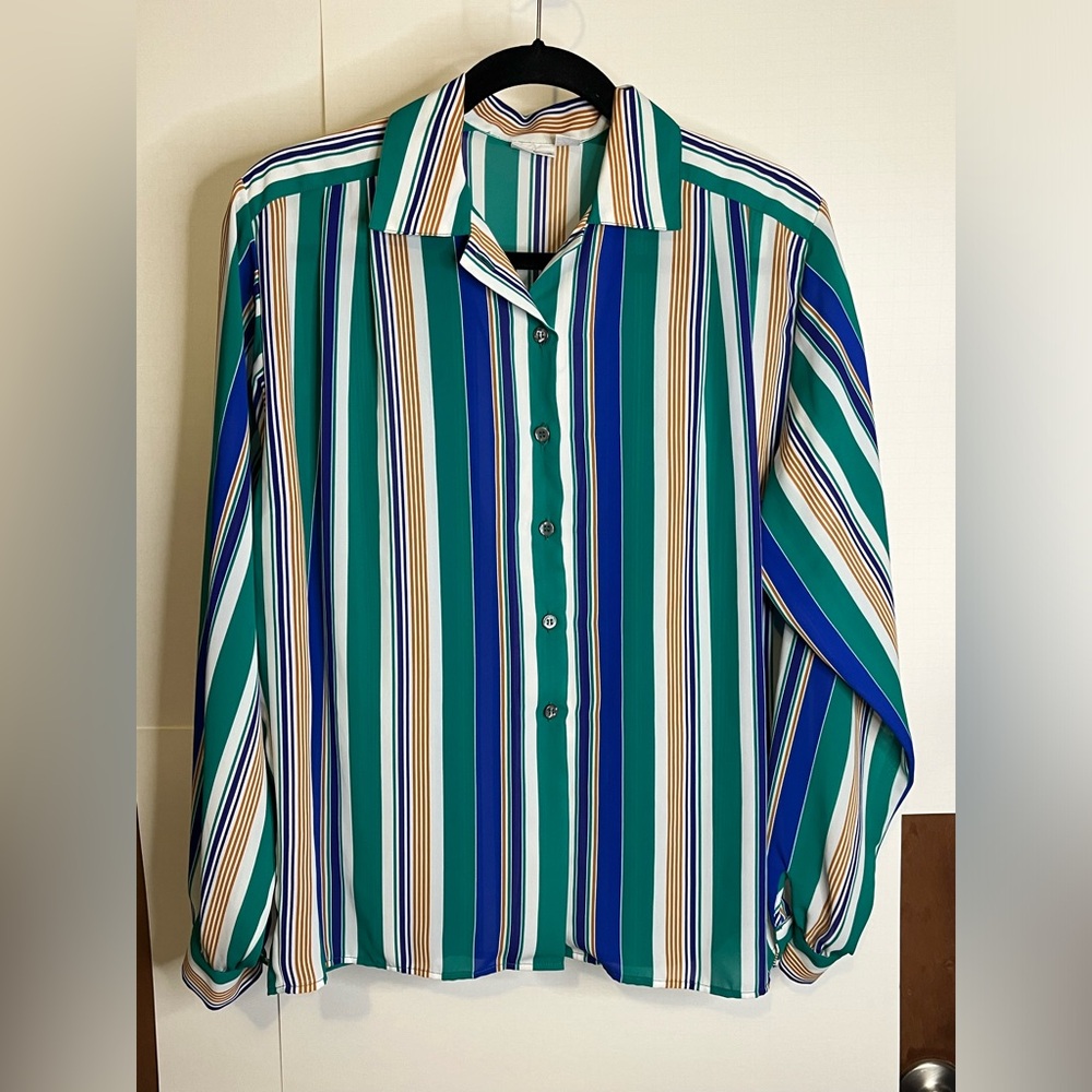 James Kenrob Women’s (VTG 10/Fits M) Green & Blue Striped Polyester Blouse